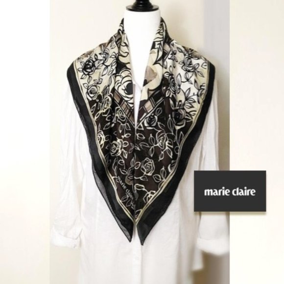 MARIE CLAIRE 100% Silk Square Scarf Floral Taupe - Picture 2 of 12